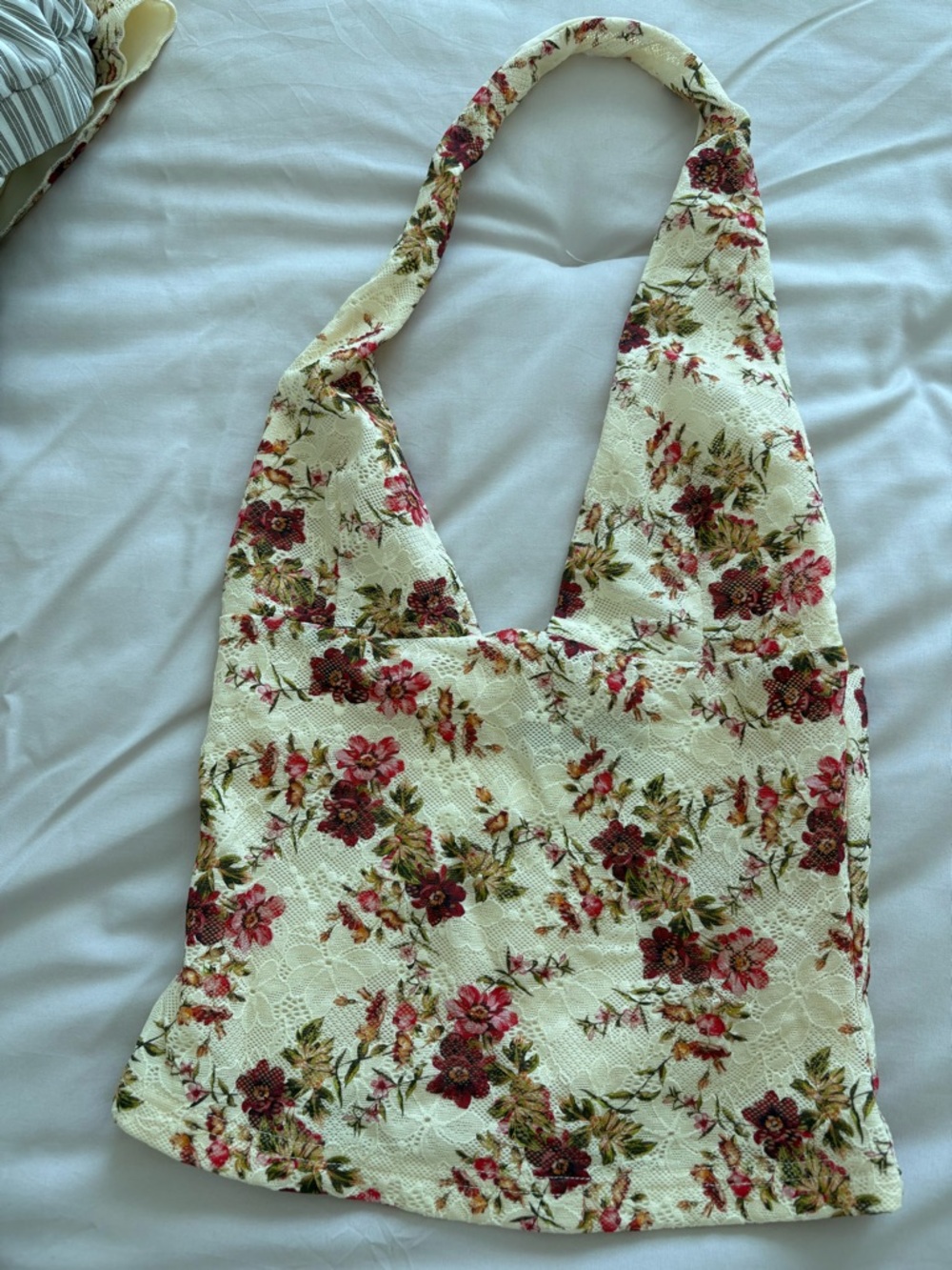 Floral Lace Halter Shoulder Bag - Cream with Pink Floral